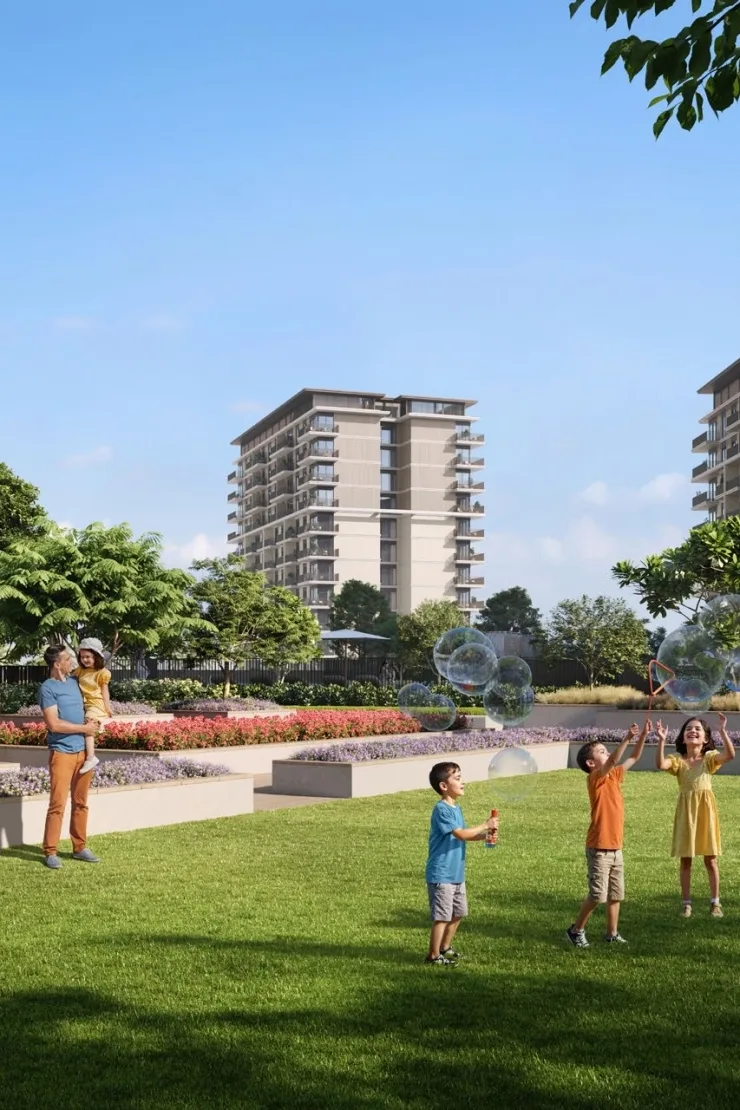 Developer render of Vista Ridge tower beyond landscaped park