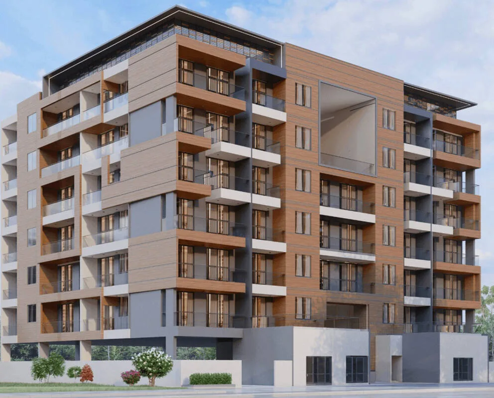 Timber-clad mid-rise with square cutout, street view