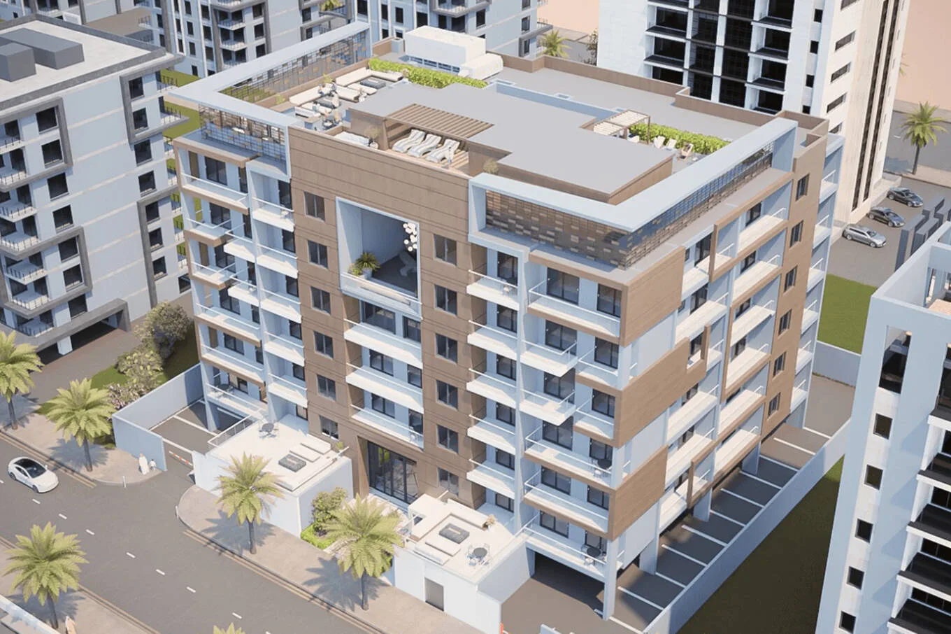 Aerial view of building with rooftop terrace