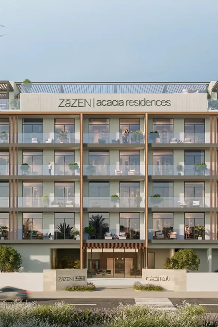Front facade render with Zāzen Acacia signage, ground to roof