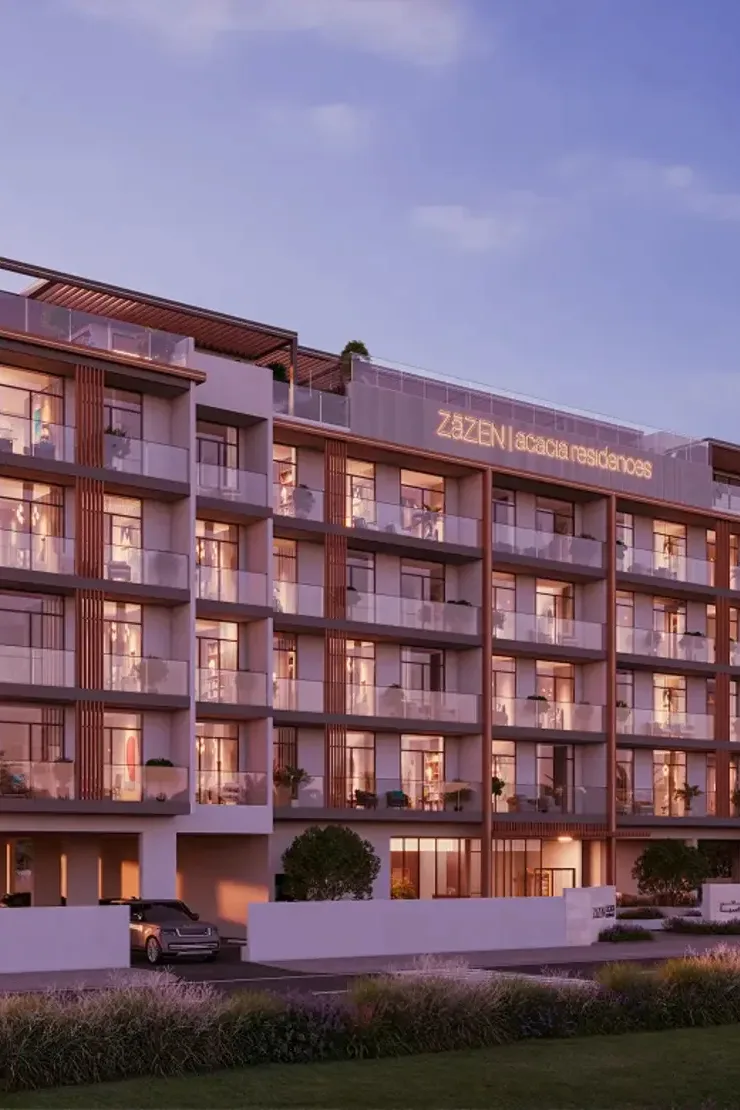 Dusk render of facade, balconies and signage