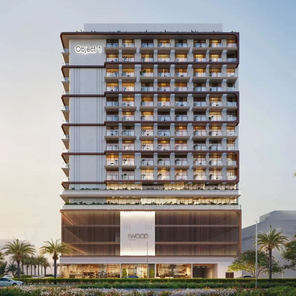 Full-height front render with 1WOOD podium