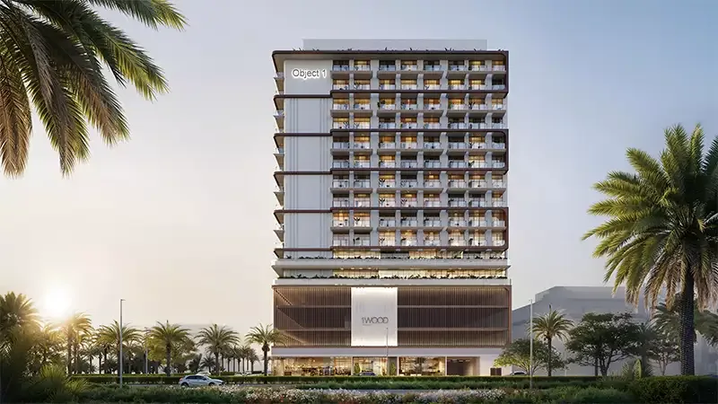 Full tower render framed by palms at sunset
