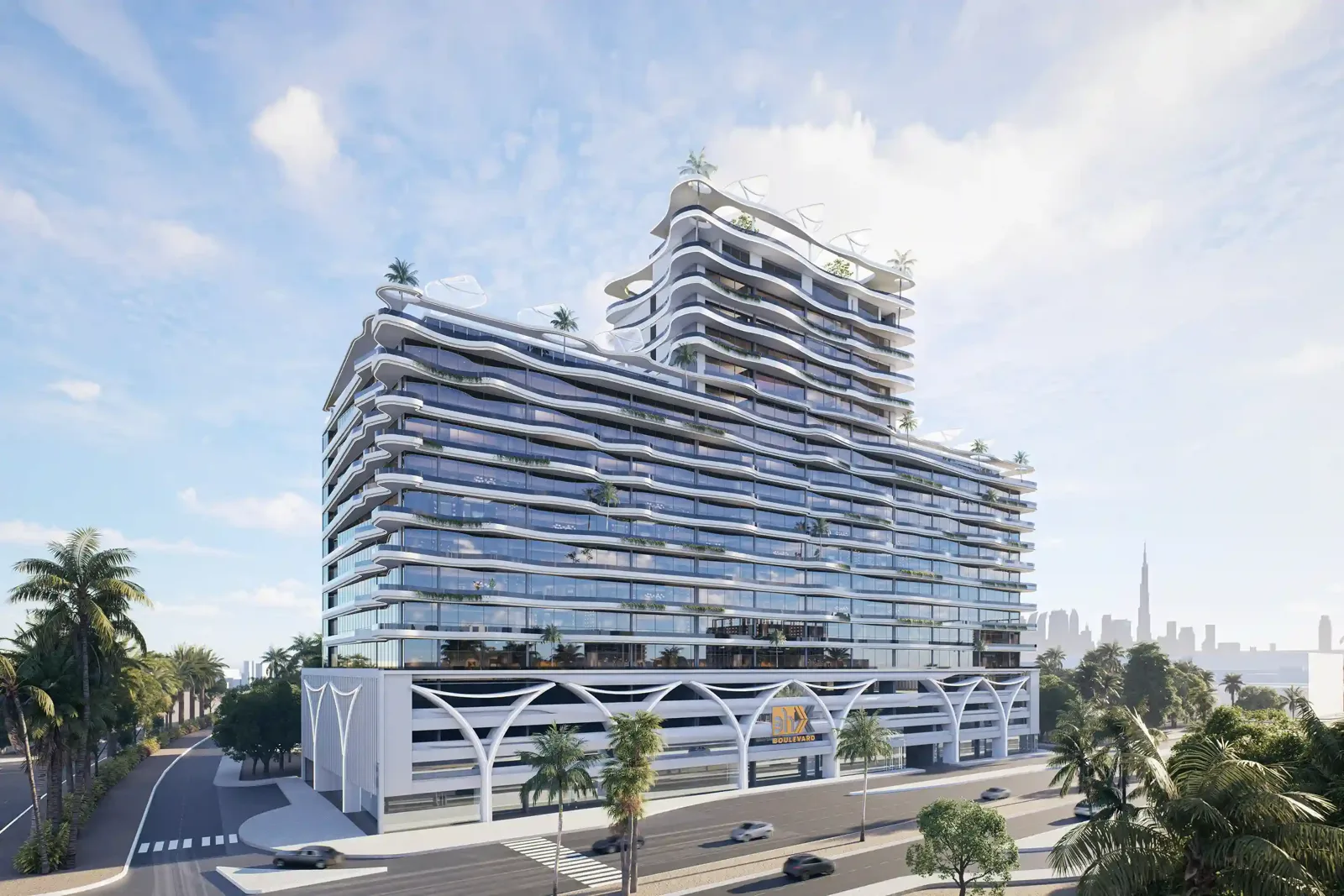 Daytime render of full wavy-balcony tower with podium