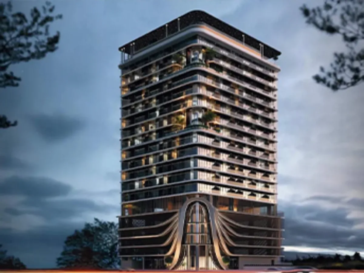 Developer render of tower with curved balconies and arched base