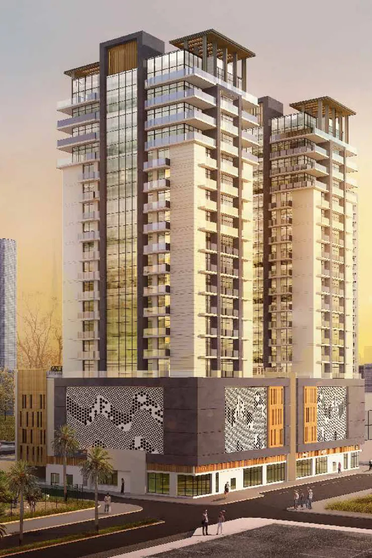 Developer render of twin towers above patterned podium