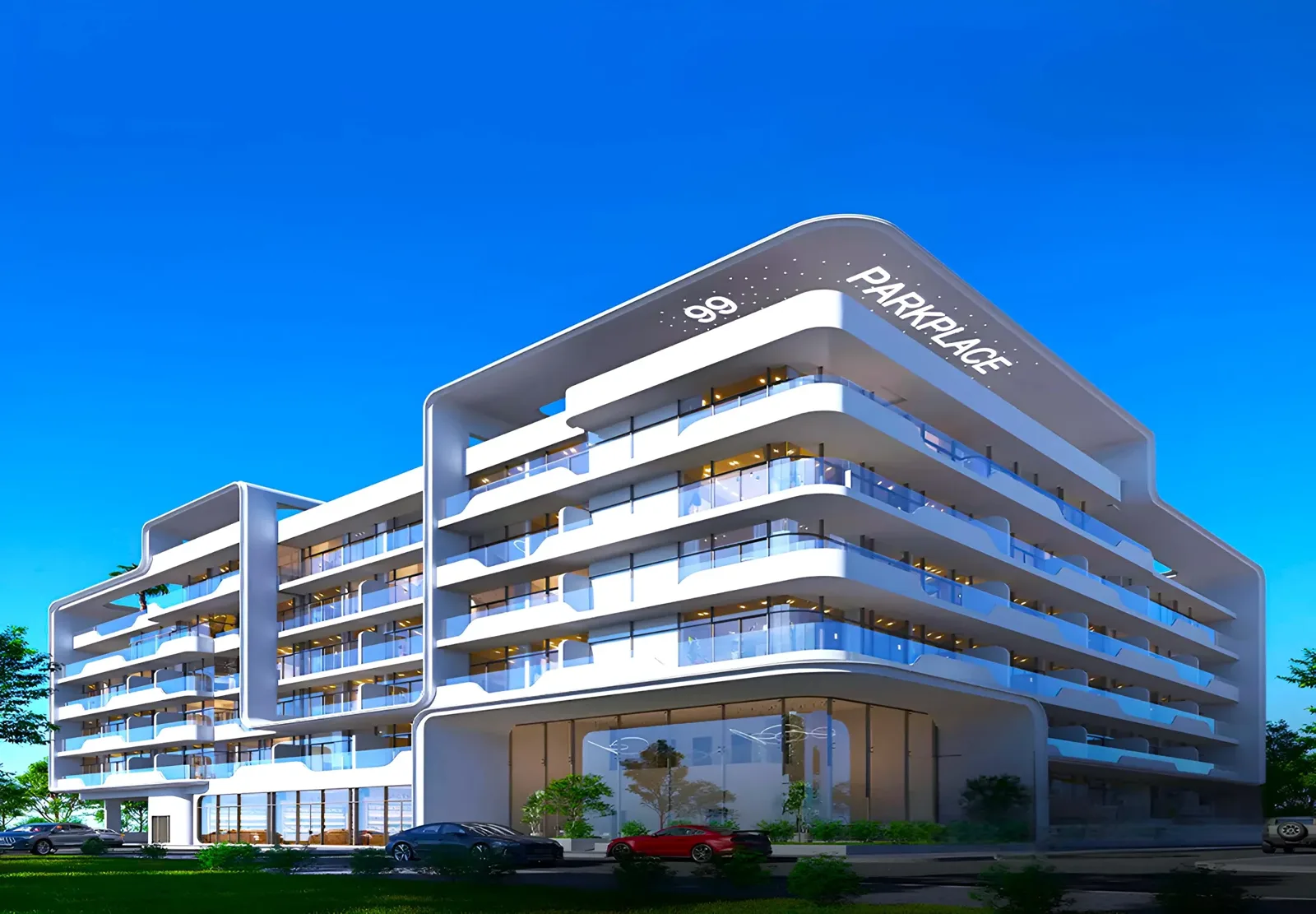 Full white curved-balcony building with 99 Park Place sign