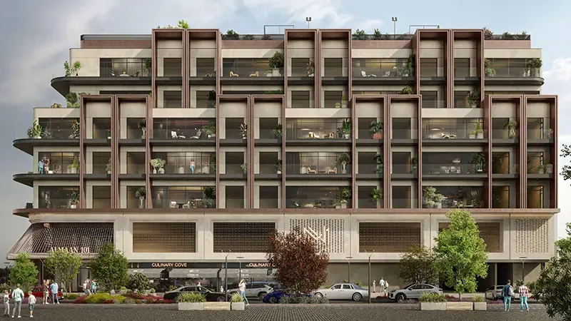 Front elevation showing full facade and podium
