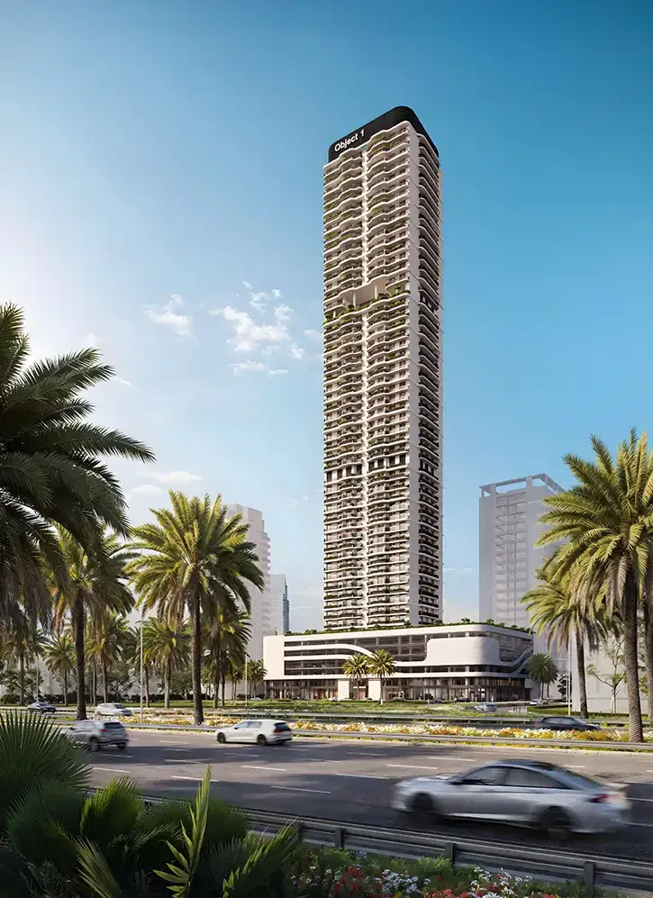 Full tower with black crown and podium, street view