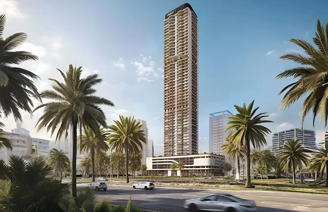 Tower and podium among palms, wider view