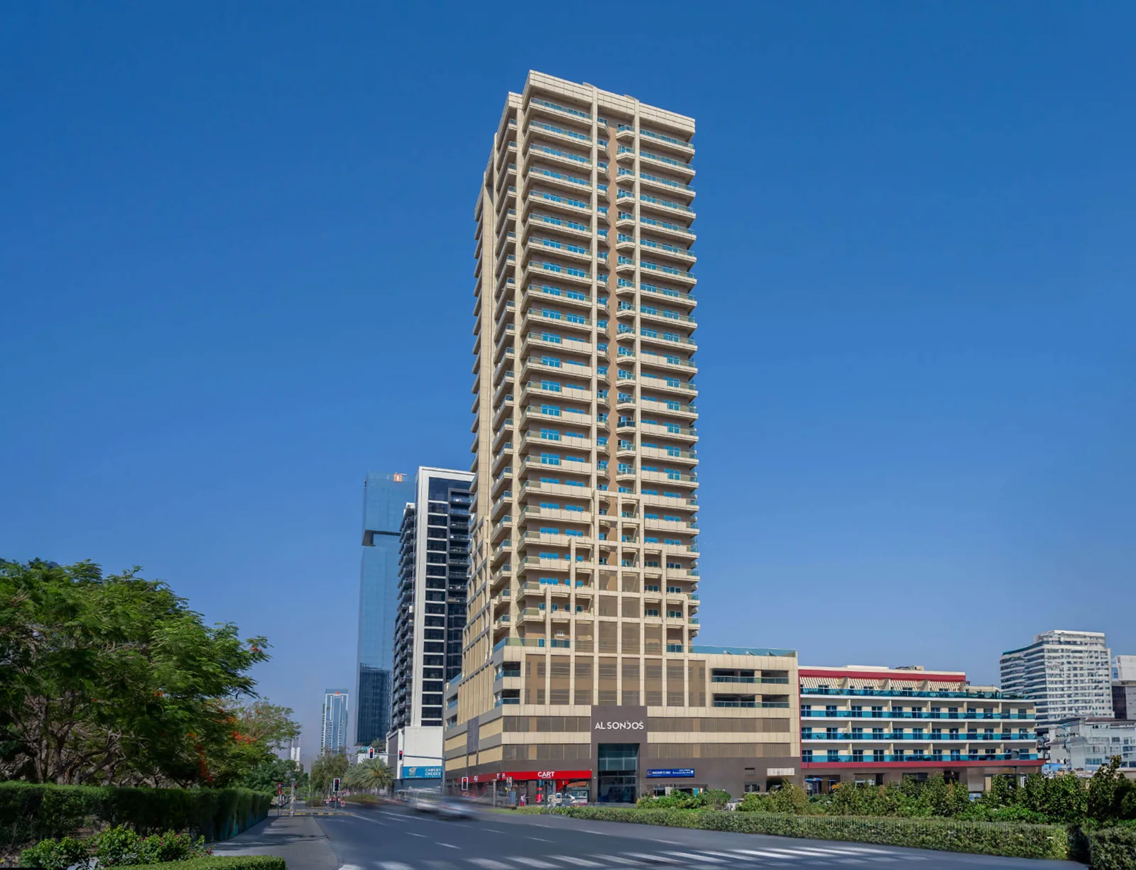 Beige tower with Al Sondos podium, full height