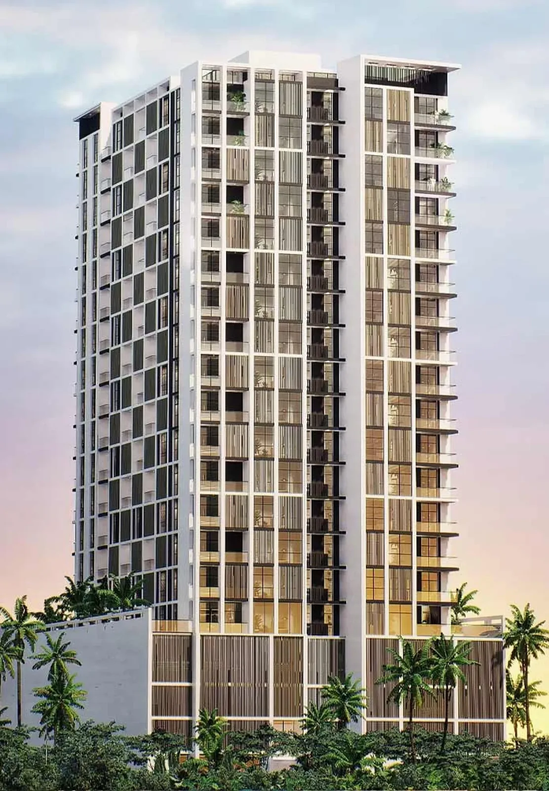 Full tower render with white frame and timber louvres