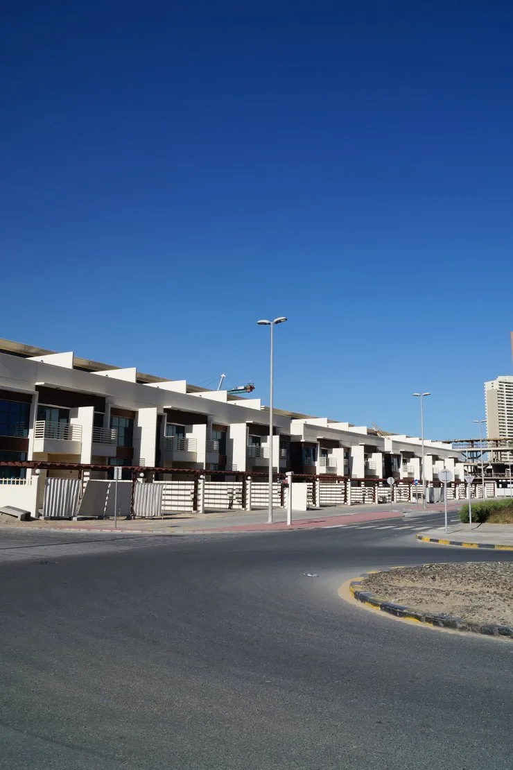 Townhouse row seen from the street roundabout