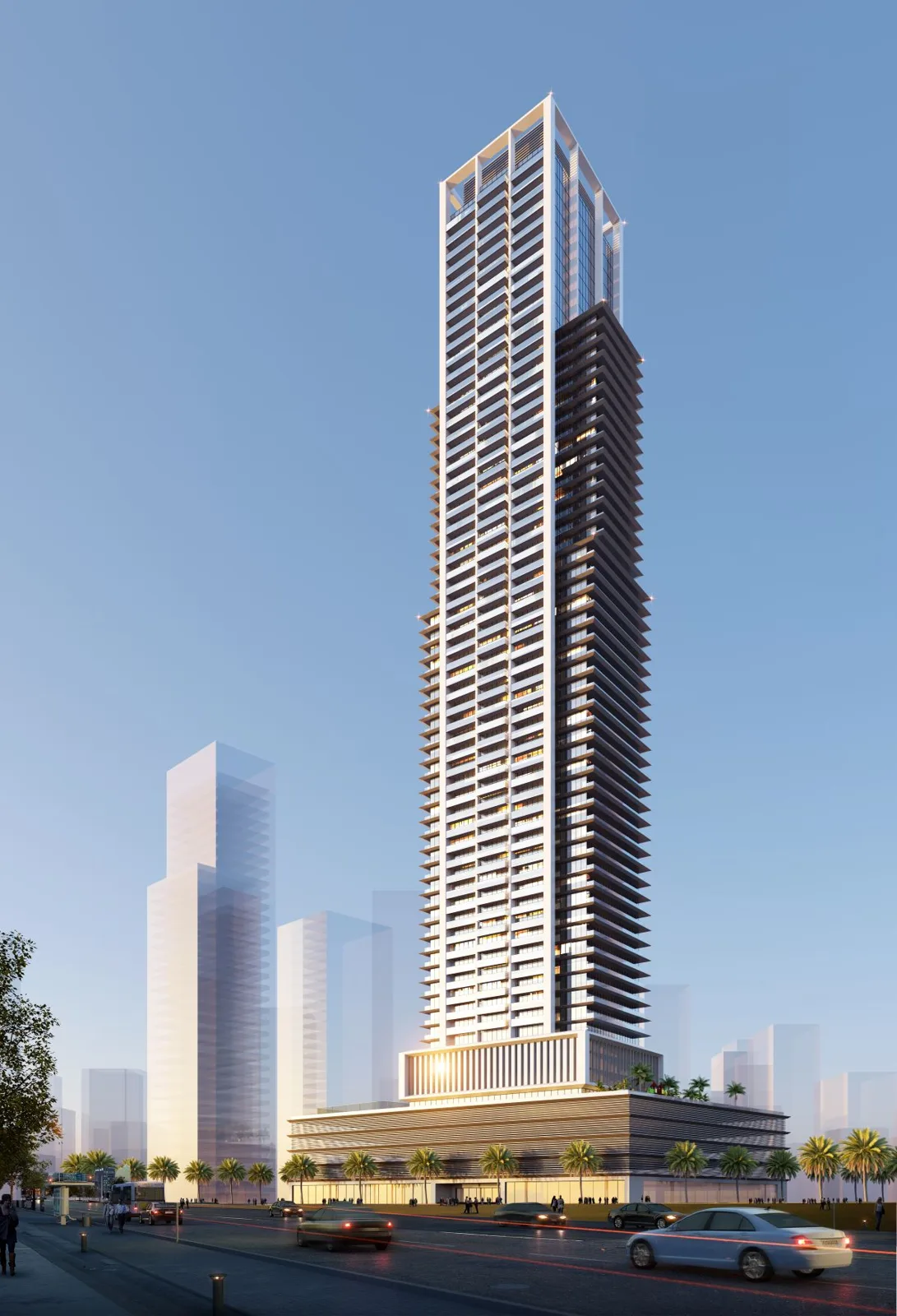 Render of tower with podium, white and dark facade