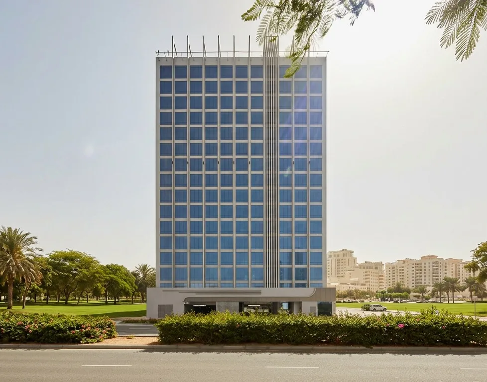 Front view of blue-glazed tower with central fin strip