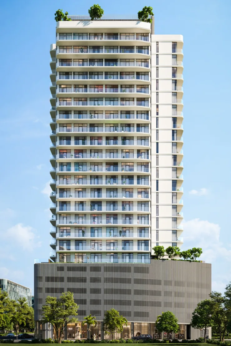 Front view of white curved-balcony tower on fin podium