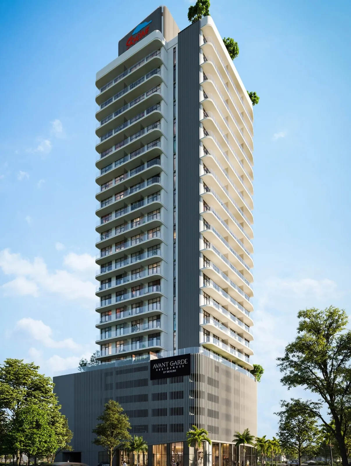 Corner view of tower with Avant Garde signage