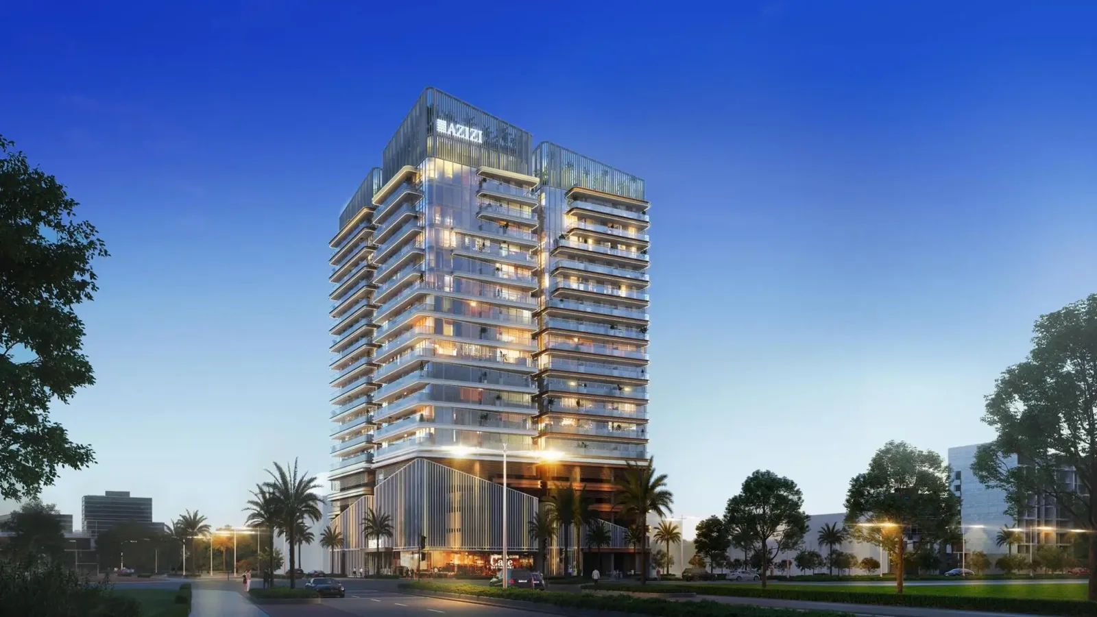 Dusk render of twin-tower glass building with Azizi crown