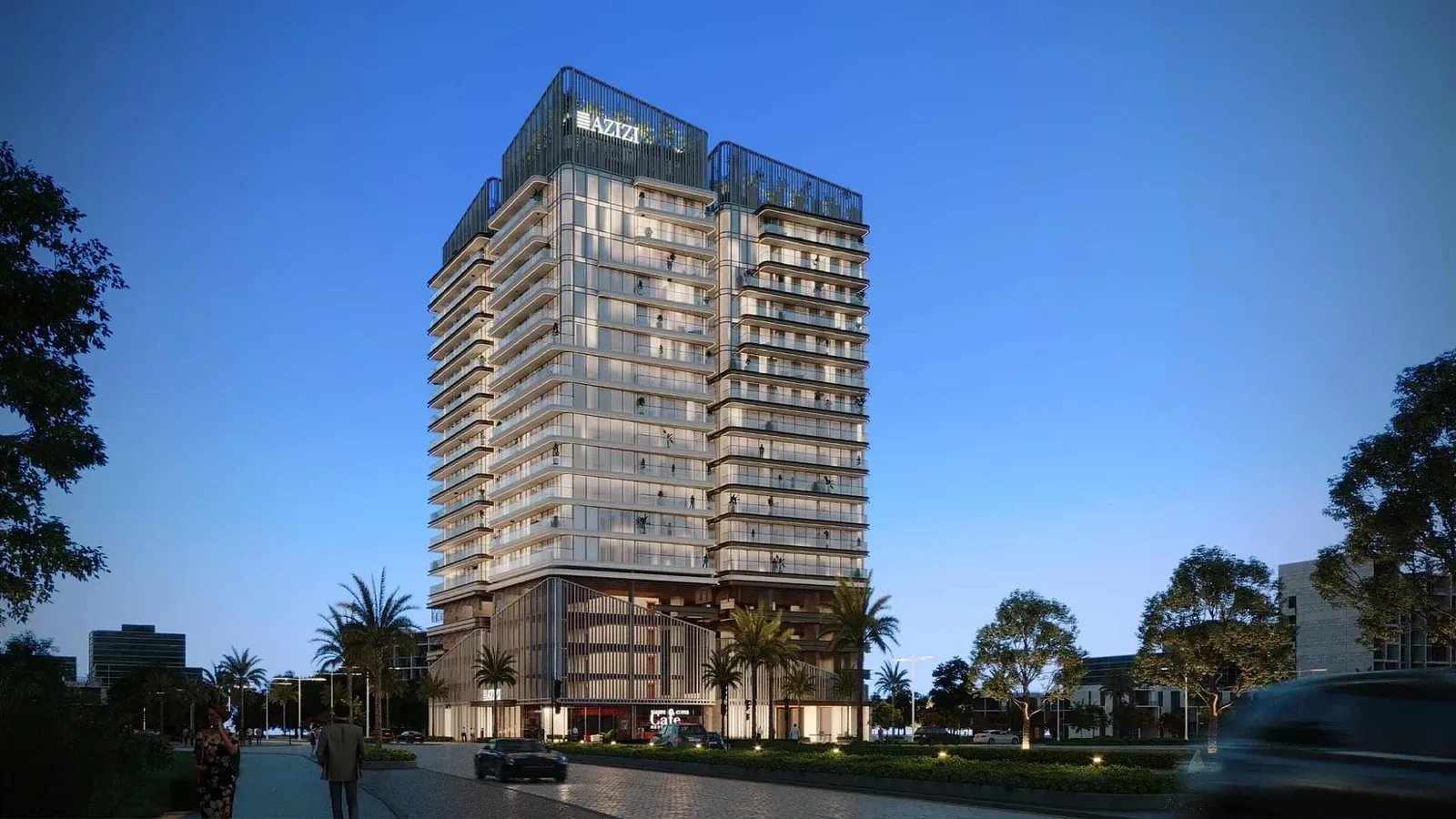 Street-level dusk render of full tower with cafe podium