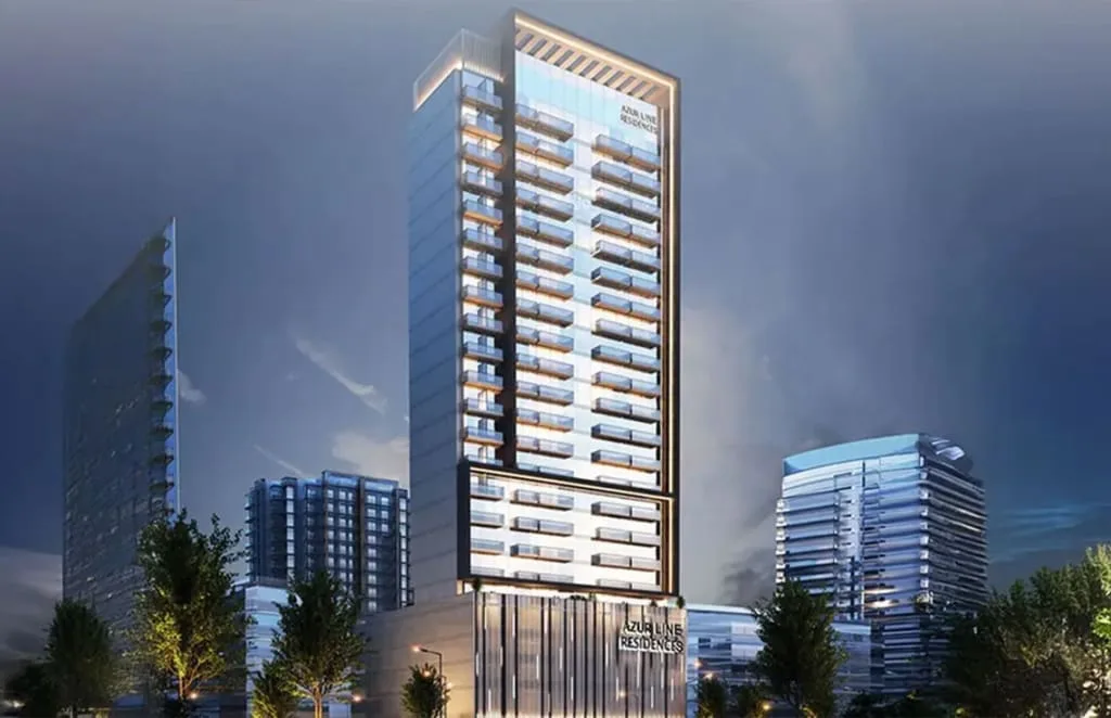 Developer render of tower with Azur Line Residences signage