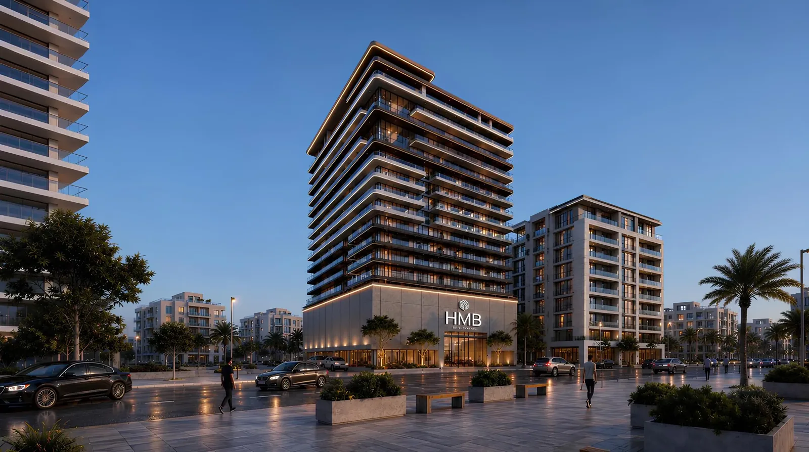 HMB-branded tower with banded balconies, street level