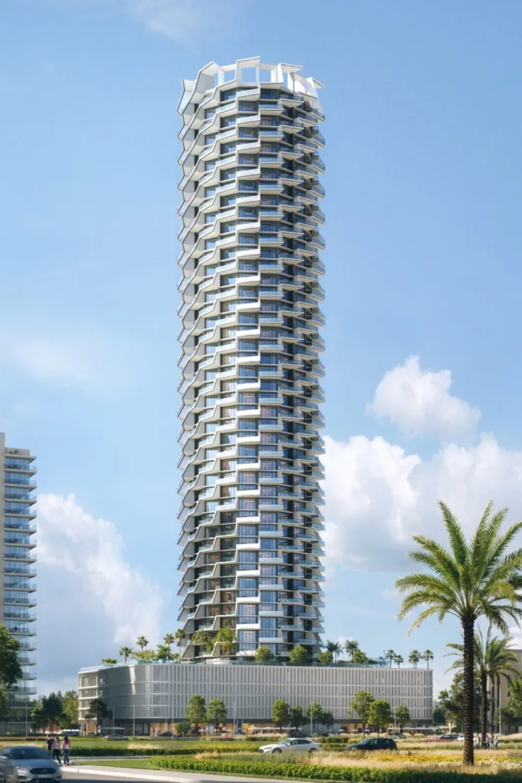 Full-height tower with podium, twisting white balconies