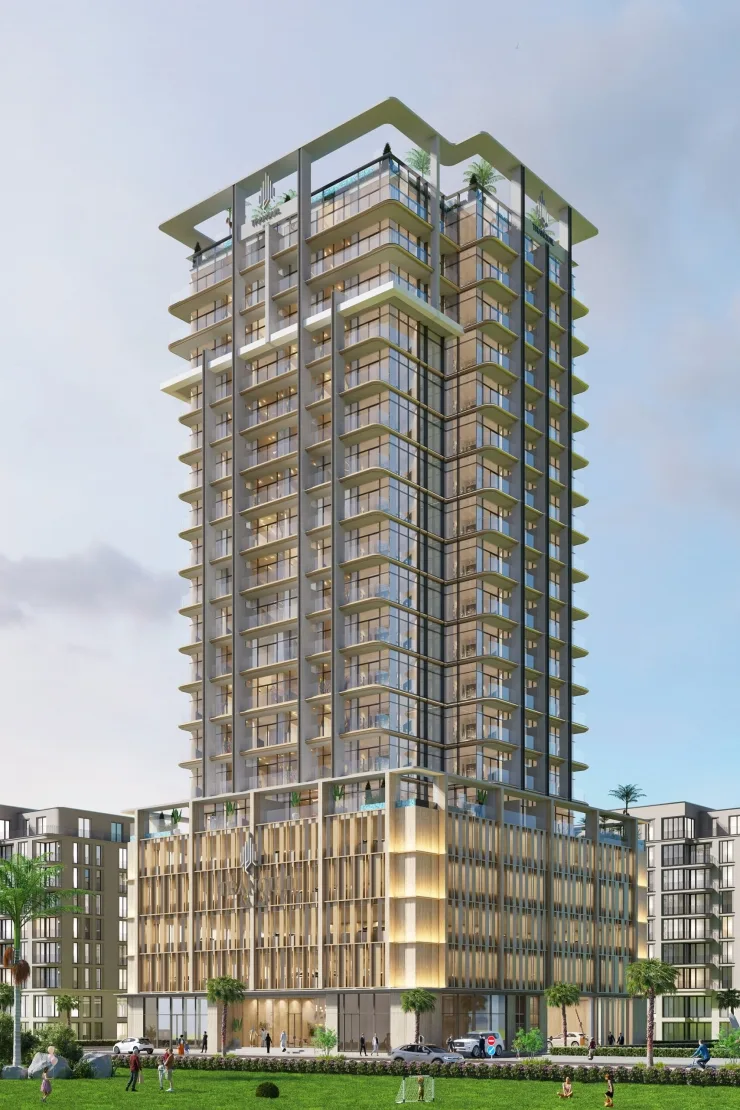 Full-height tower with rooftop crown and timber podium