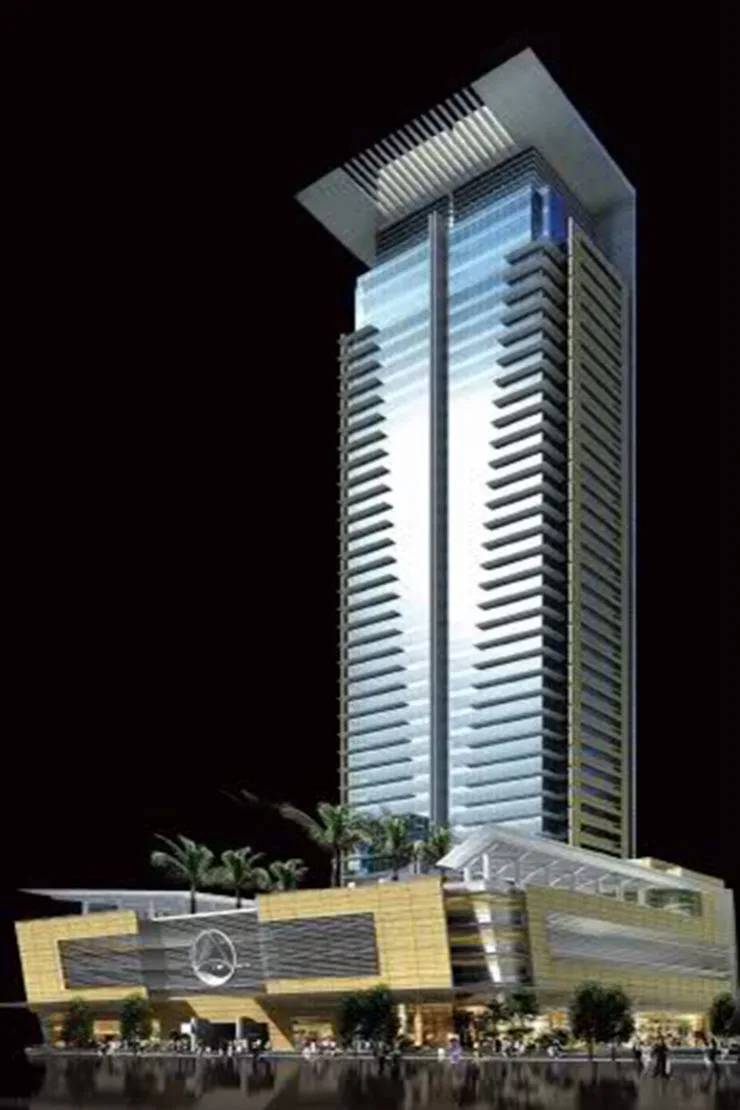 Same tower and podium render, night view