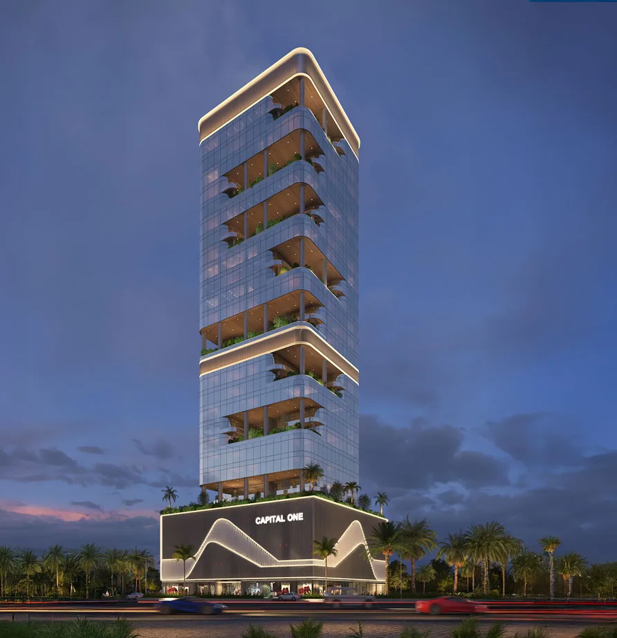 Dusk render of full tower with podium