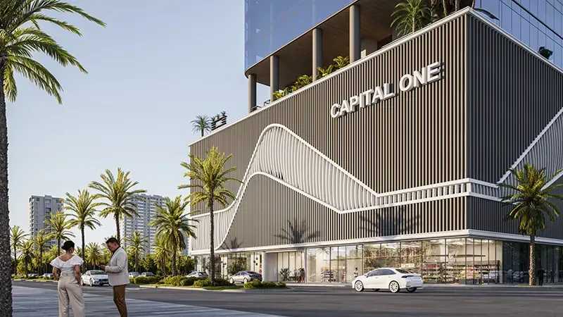 Podium facade with Capital One signage and retail