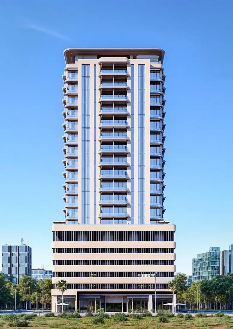 Front elevation of tower with podium and curved crown