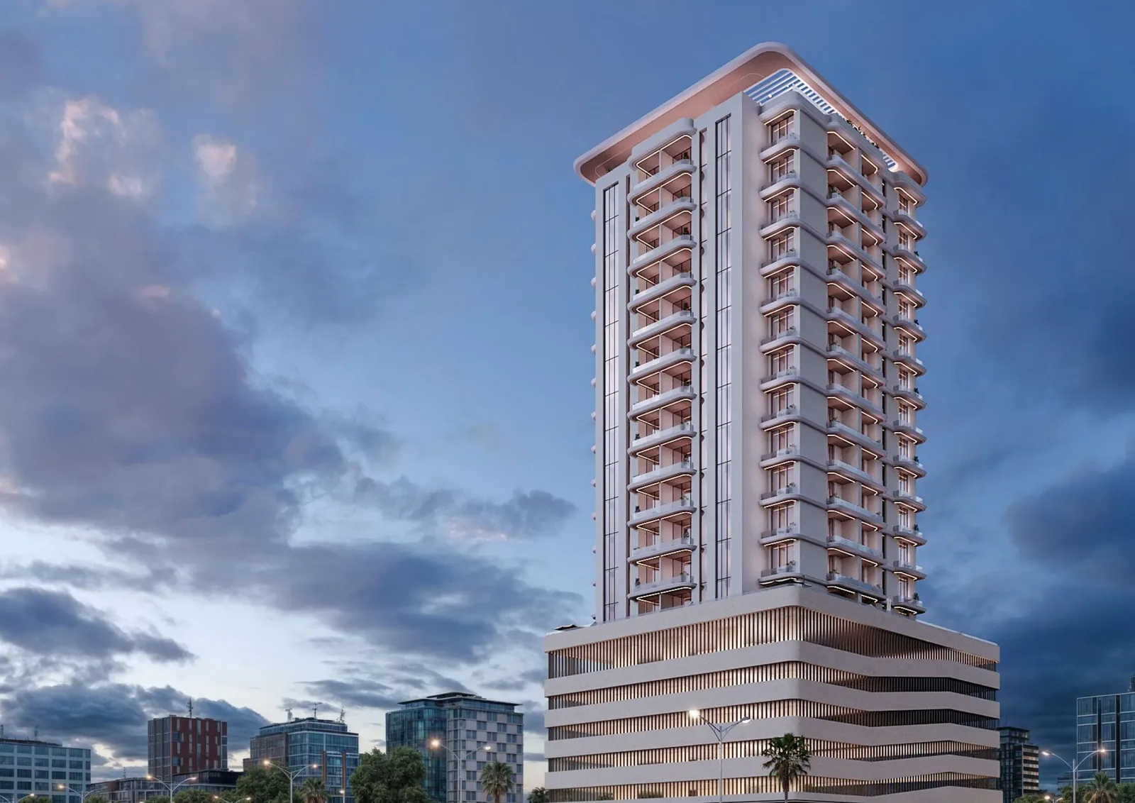Tower with rounded crown and stepped podium at dusk