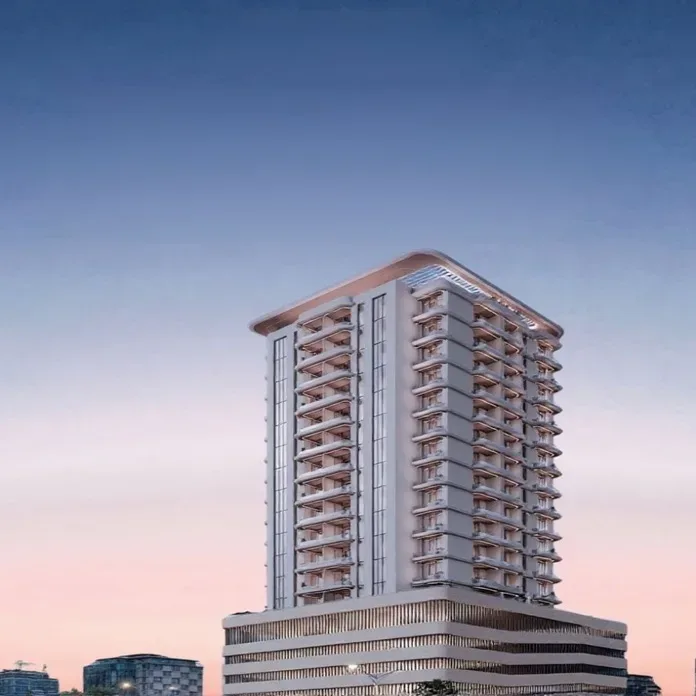 Tower and podium at sunset, matching crown and balconies
