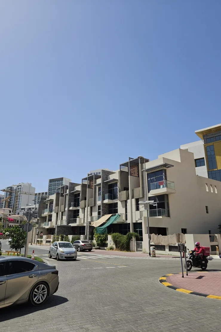 Completed townhouse row from street corner