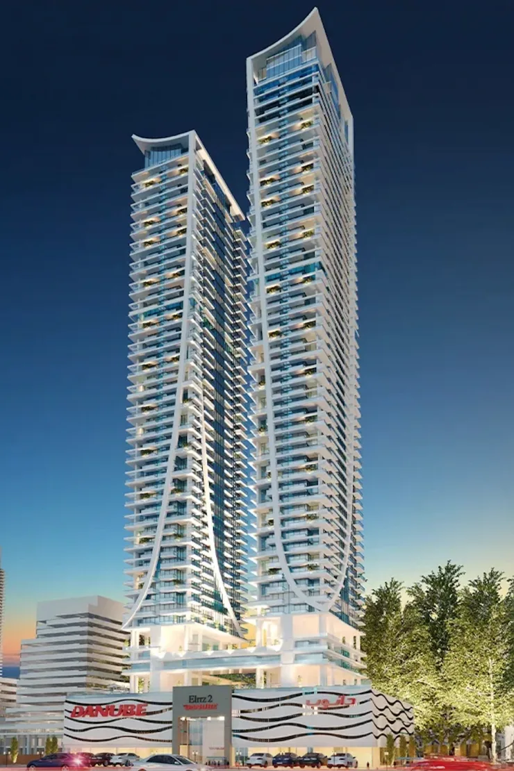 Dusk render of twin towers and Danube podium