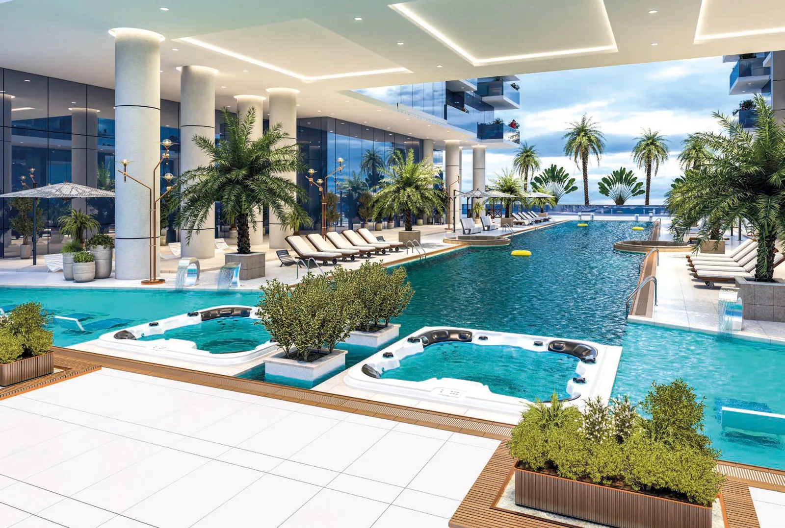 Render of pool deck with jacuzzis and palms