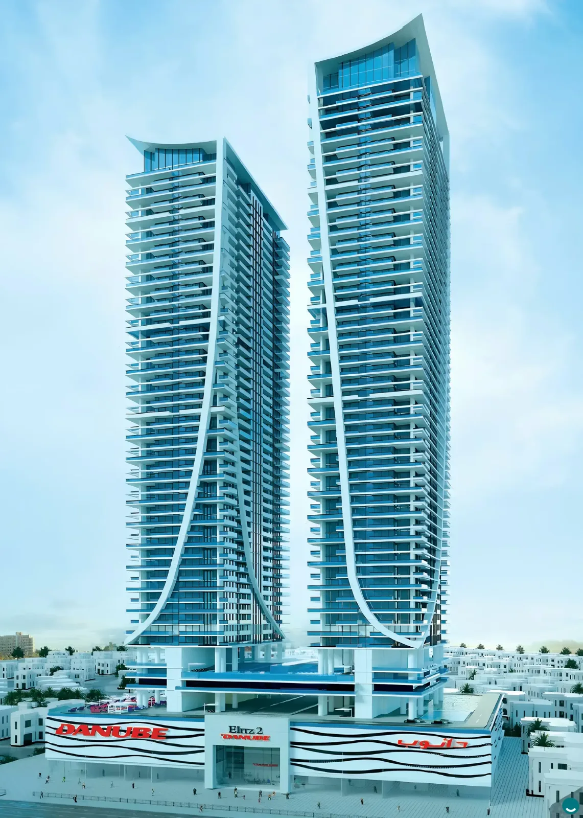Twin towers with curved white fins, full height