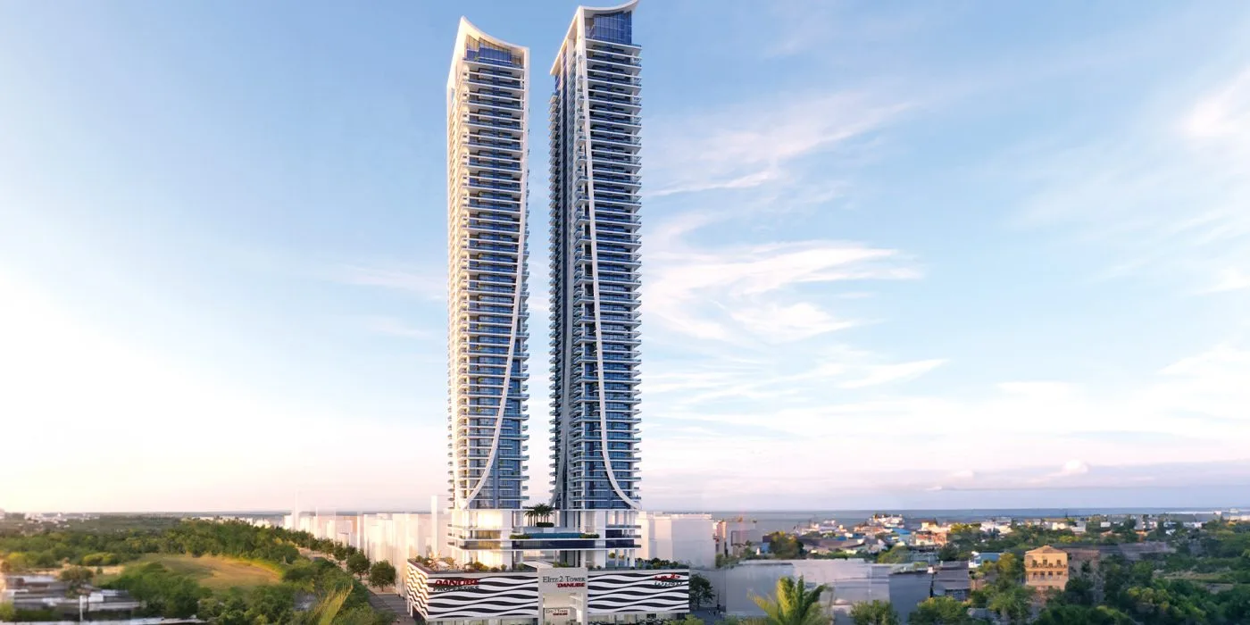 Twin towers with white curved ribbon and podium