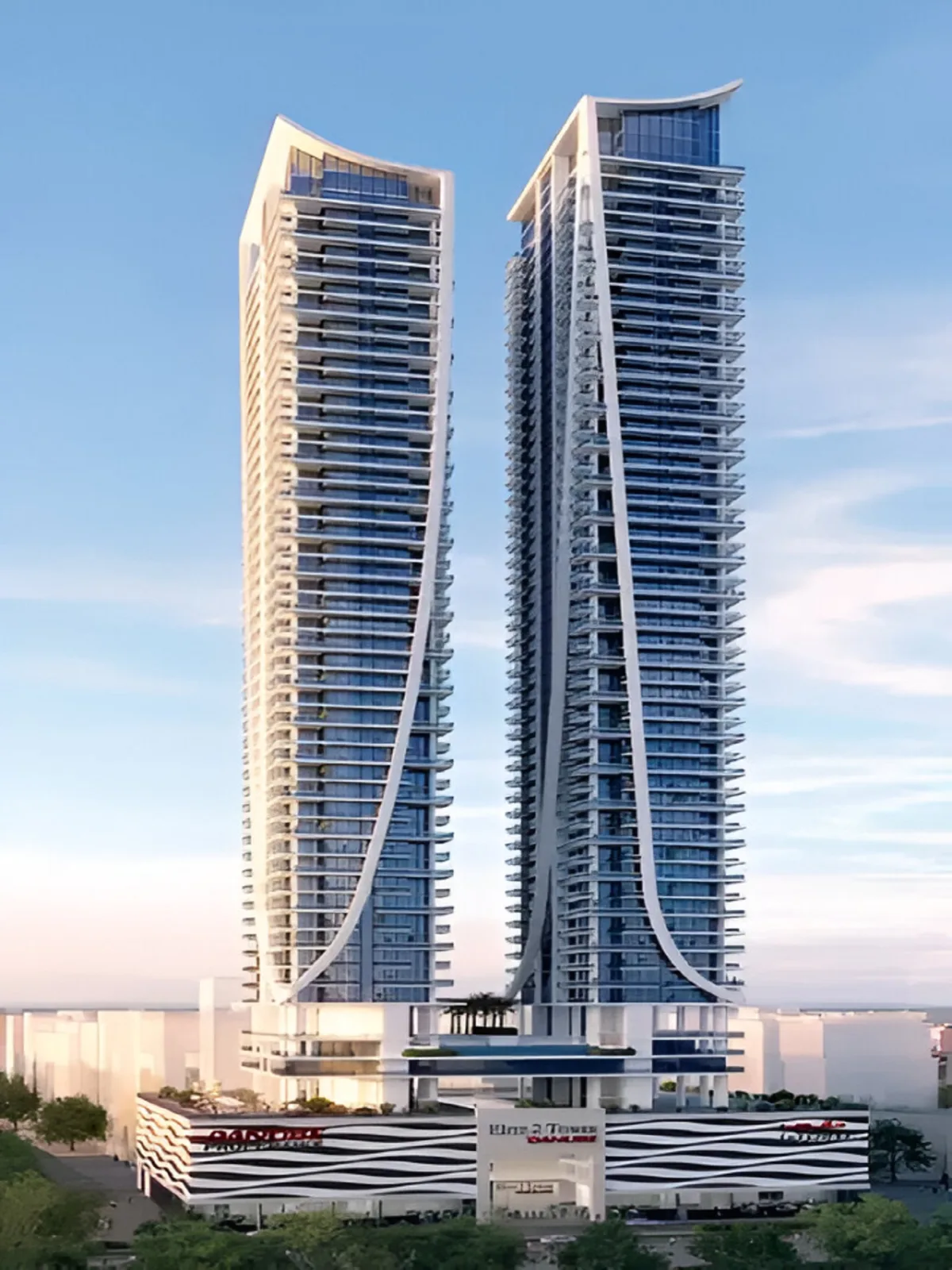 Close view of both towers, crowns and podium