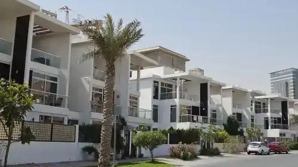 White villa facades with dark panels, palm tree