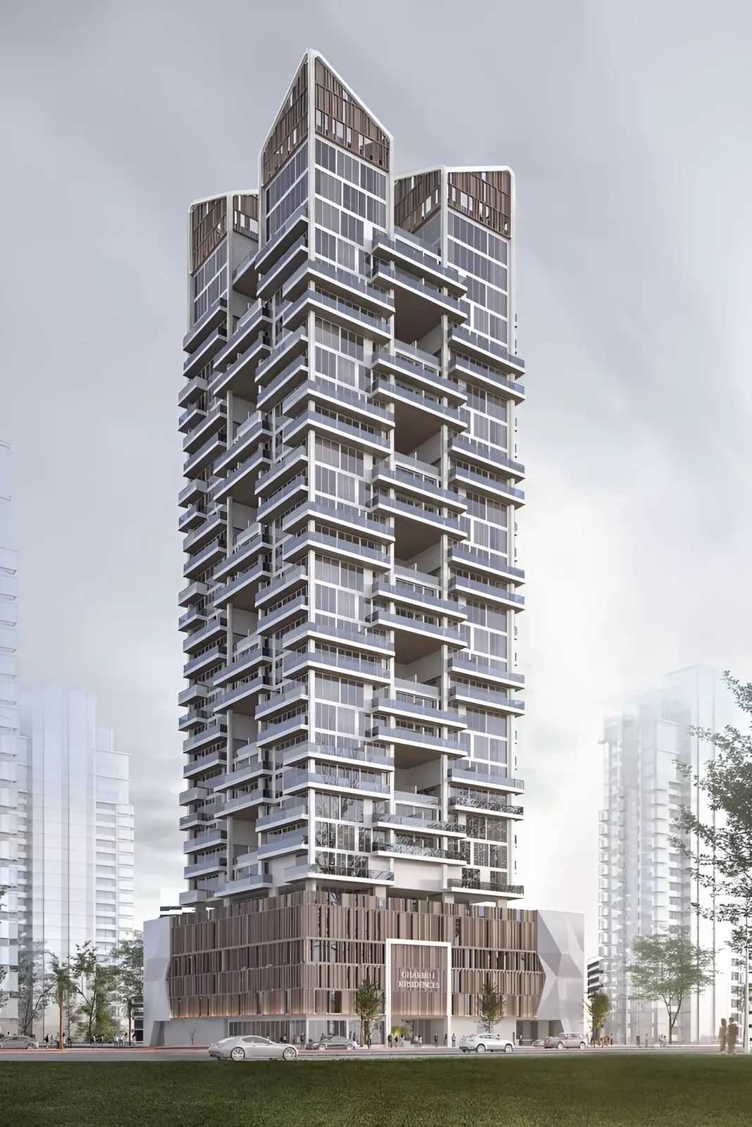 Full tower with podium and entrance signage