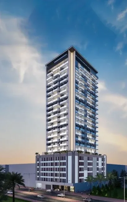 Tower with podium, developer render at dusk