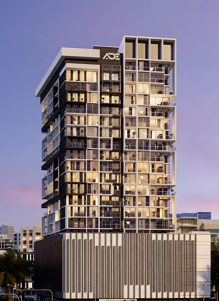 Dusk render of the tower and finned podium