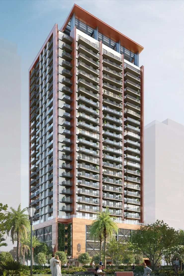 Full-height tower render with red-brown frame and podium