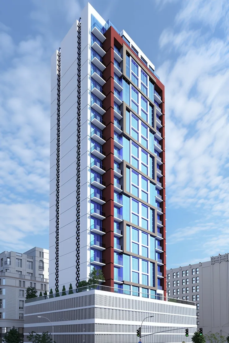 Developer render of tower with podium, full height