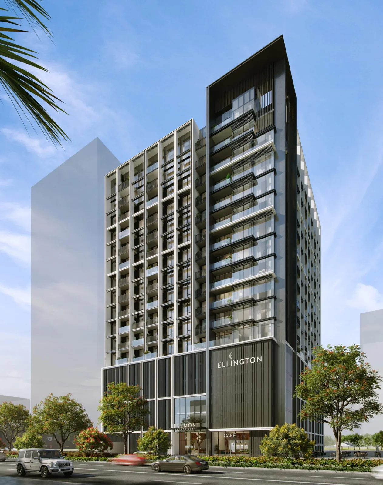 Full-height tower render with dark crown, daytime