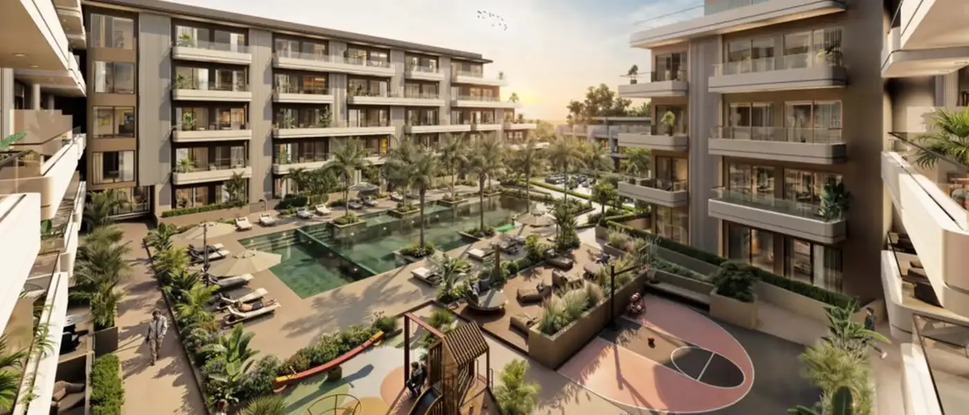 Developer render of courtyard pool and surrounding apartment blocks