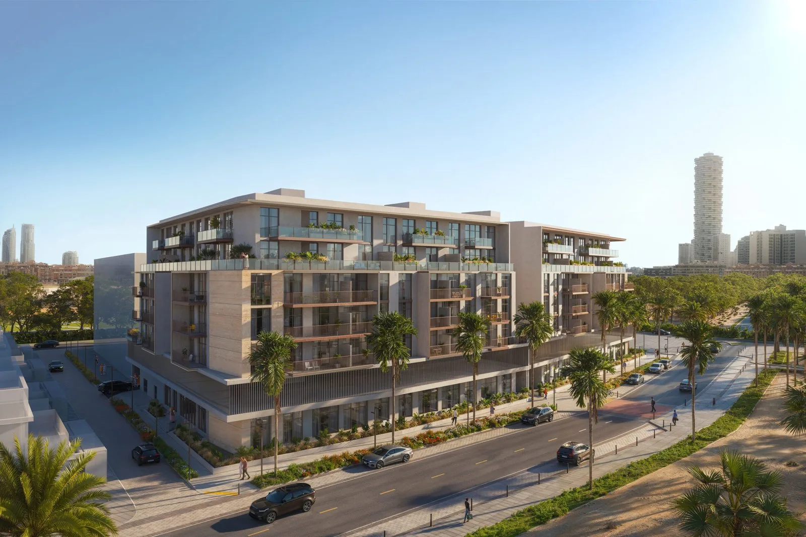 Beige mid-rise with slatted podium, street corner view