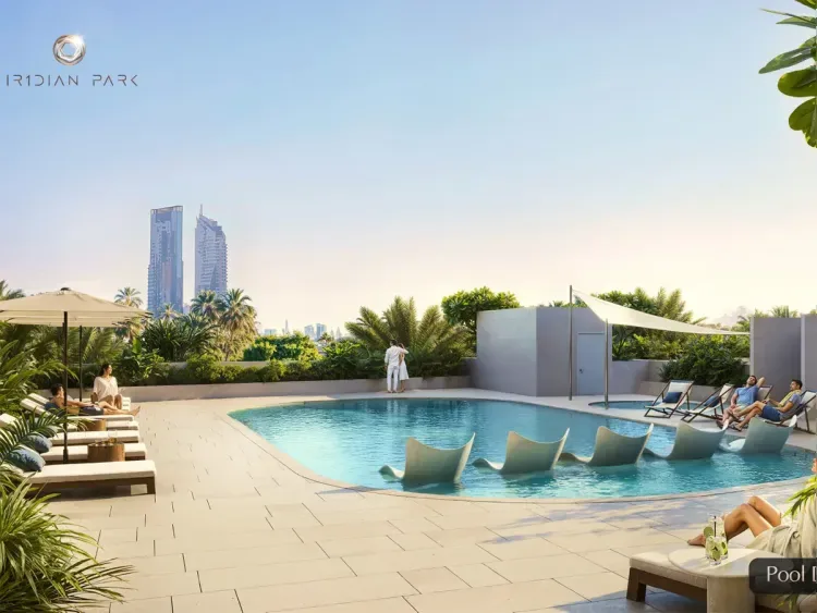 Rooftop pool deck with loungers, IR1DIAN Park logo