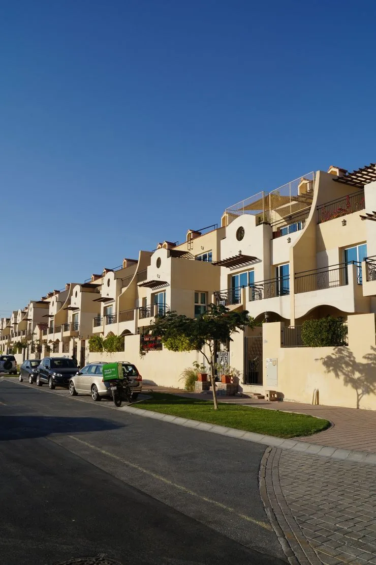 Street view of the long townhouse row